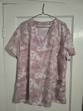 White Cross Lavender Tie-Dye V-Neck Scrub Top